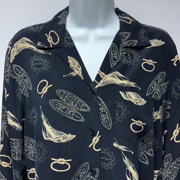 VTG Ralph Lauren Nautical 100% Silk Top Long Roll Tab Sleeve Navy Blue Size PM - Picture 5 of 13